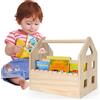 Whemyreat Scaffale per libri per bambini, in legno di pino, colore naturale, Montessori, con manico, 2 scomparti, per cameretta dei bambini, 29,5 cm x 30,5 cm x 20 cm