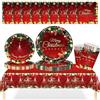 MOMAHUA Set di stoviglie natalizie MOMAHUA da 69 pezzi per 16 ospiti, stoviglie di carta rosse per Natale con piatti, tazze, tovaglioli, tovaglia per decorazioni natalizie da tavola, accessori per feste di
