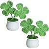 Magicherry Piante artificiali fatte a mano all'uncinetto, quadrifoglio portafortuna in vaso, 2 pezzi, per San Patrizio, decorazione per auto, cruscotto, ufficio, scrivania, stile B verde