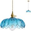 HJXDtech Lampada a Sospensione Industriale Vintage, Paralume in Loto di Vetro, Base E27 Ottone con Interruttore, Regolabile in Altezza Lampadario Sospeso per Cucina & Sala da Pranzo ((Blu)