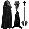 MAINOSHY Maschera da dottore per Halloween, con mantello nero con cappuccio, guanti neri, scettro, becco di promossi, maschera in rame per Halloween, cosplay, costume da medico della peste