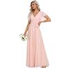 Ever-Pretty Maxi Scollo a V Increspato Busto Chiffon Abito da Sera Formale con Maniche 0164A Rosa 50