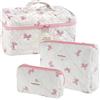 Mulaibdin 3 Pezzi Beauty Case da Viaggio Donna, Porta Trucchi da Borsa Elegante, Makeup Bag Organizer in Cotone, Carino e Portatile Borse da Toilette per Ragazze Regalo (Rosa Fiocco)