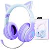 JYPS Cuffie senza fili per bambini, con luce LED e orecchio di gatto, per ragazze, auricolari Bluetooth con microfono staccabile a cancellazione del rumore e microfono integrato per chiamate (viola)