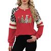 Quatrefox Felpa da donna in cotone pullover casual girocollo top patchwork contrasto leopardato camicetta per autunno inverno primavera, Rosso con albero, L