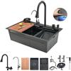 Bokaiya Lavello da Cucina con Cascata, 75x45cm Grande Nero Lavello Cucina, Lavello Multifunzione 1 Vasca Con Lavabicchieri, Tagliere, Rubinetto Estraibile e Scolapiatti, Bokaiya Lavandino Multifunzione Nero