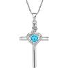 FJ Collana Croce Donna Argento 925 Ciondolo Collana di Fiori di Rosa con Marzo Pietra Portafortuna Acquamarina Gioielli Regalo per Donna