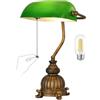 Newrays Lampada da scrivania retrò in vetro verde per ufficio domestico, biblioteca con interruttore a catena e presa di corrente, lampadina LED inclusa