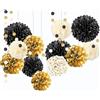 ROEOWENE 15PC Fiori di Carta per Decorazioni Pon Pon Carta Velina Pom Pom Decorativi da Appendere Ventaglio Palla Fiori Giganti per Allestimenti per Compleanno,Matrimonio,Battesimo,Festa-Nero Oro