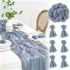 FALSKT Runner da Tavolo Boho Garza Blu Grigio 400×90cm Runner Tavola Moderno runner Tavolo Fattura Increspata Facile da pulire per Interne Esterne Feste Matrimoni,6 tovaglioli con anelli 50×50cm