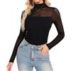 SHAPERIN Body Donna Maniche Lunghe Trasparente Maglietta Arricciati a Collo Alto Top a Rete per Uscire Feste Club Noir XXL