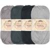 BambooMN JubileeYarn, Filato di cotone e bambù Baby Soft, 4 matasse, 50 g/matassa, sfumature di grigio