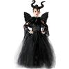 AMOBON Carnevale Malefica Costume Bambina, Maleficent Costume per Ragazze, Abito da Regina Cattiva con Copricapo Cornuto e Spalline con Mantello Alato Nero per Halloween Carnival Cosplay Festa