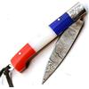 PAL 2000 KNIVES SBTJ-9425 Coltello tascabile pieghevole in acciaio damasco lavorato a mano con fodero in cuoio con manico di bandiera francese di 18 cm macchiato cammello osso manico campeggio cucina cuoco giardino