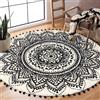 Uphome Tappeto rotondo bohémien per camera da letto, 1,2 m, rotondo, beige e nero, con pompon, frange, lavabile, motivo mandala, antiscivolo, morbido, per soggiorno, divano, camera dei bambini