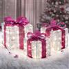 Quntis LED Pacco Regalo Luminoso Natale, Set di 3 Pacchi Natalizi Luminosi [Timer & 8 modalità di Flash] Addobbi Natalizi con Fiocco Intrecciato Rosa Intenso (Rimovibile) per la Casa, Giardino