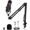 zealsound Microfono USB per Podcast con Braccio, Microfono RGB Gaming con cancellazione del rumore, Mute Rapido e Jack di Monitoraggio, Microfono da Studio per PC/Mac/Phone, Streaming e YouTube