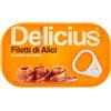 Delicius Scatola Filetti di Alici Arrotolati in Salsa Piccante 80g, Pescate e lavorate a mano, Sapore intenso, Ricetta esclusiva, in confezione riciclabile
