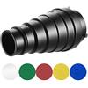 Neewer Kit di Snoot conico in lega di alluminio medio con griglia a nido d'ape e 5 pezzi filtri in gel di colore per studio Strobe Monolight fotografia flash a Bowens Monolist (22 cm)