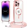 Woijrly Elettrolitico TPU Magnetica Cover con Cordino per iPhone 14 Pro Max, Compatibile con Magsafe Ricarica Wireless, Antiurto AntiGraffio con Collana Regolabile Case per iPhone 14 Pro Max, Rosa