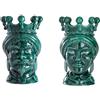 BEVILACQUA SET DI 2 TESTE DI MORO, CERAMICA ARTIGIANALE SICILIANA VERDE RAMINA, 22 cm - h 22 x 15 x 15 cm