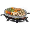 Giles & Posner Griglia Raclette da Tavolo 8 pezzi - Piastra in Pietra da 1200W con 8 Padelle Antiaderenti, 8 Spatole, Piano di Cottura 43x30cm, Temperatura Regolabile, Griglia e Servi a Tavola