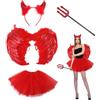 Carreuty Costume da diavolo per ragazze e donne, set di 4 pezzi, con ali d'angelo e tutù rosso, forcella e corna da diavolo, fascia per capelli, per la Giornata mondiale del libro, Halloween, cosplay