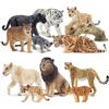 TOYMANY Set di 12 figurine di animali della giungla e tronco d'albero, figurine realistiche di leoni, tigri e figure di giaguaro, figurine di animali dello zoo della giungla per bambini