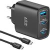 TOPADRE 65W Caricatore USB C, 3 Porte di Ricarica Rapida, GaN PD3.0/PPS Alimentatore per MacBook Pro/Air, per iPhone 16/15/14/iPad, Galaxy S25/S24/Note, Steam Deck, Pixel 7 PRO, Dell XPS 13, Nero