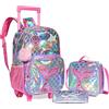HTgroce Trolley Zaino con ruote, astuccio, borsa per il pranzo, 3 in 1, facile da arrotolare, per ragazze, borse per la scuola