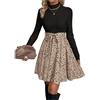 SweatyRocks Abito a maniche lunghe da donna, elegante linea A, vestito con fiori, abito invernale con cintura, blocco di colore, abito camicetta con colletto alto, cachi, M