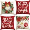 Artscope 4 Pezzi Federe Cuscini di Natale Cuscino Decorativo in Lino Natalizi per la Decorazione Domestica Soggiorno Camera da Letto Divano 45x45cm (Rosso - Fiori di Natale e Campana)