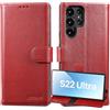 Lensun Cover per Samsung Galaxy S22 Ultra 5G, Custodia in Vera Pelle [RFID Blocking] Libro con Portafoglio Chiusura Magnetico Flip Custodie Cuoio per Samsung S22 Ultra - Vino rosso
