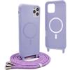 YFSYLL Magnetica Cover per iPhone 11 Pro con Cordino,Compatibile con MagSafe,Silicone Case con Regolabile Cordino da Collo Nylon Catena Collana Tracolla - Viola