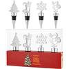 Lamde Set di 4 tappi per bottiglie di vino, in argento decorativi, a forma di Babbo Natale, albero, calza e cervo, in lega di zinco e silicone, perfetti per vino, birra e champagne, idea regalo