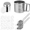 Dulynva Set di 5 Setaccio Farina in Acciaio Inox Spargi Zucchero a Velo a Una Mano Colino Cucina con Coperchio Setaccio per Farina con 16 Coffee Stencils per Cacao, Spezie, Cioccolato, Zucchero