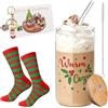 Zkaoai Set regalo di Natale Matcha, bicchieri di Natale Matcha con coperchio e cannuccia, spazzola per cannuccia, calzini di Natale, biglietto di auguri, portachiavi per compleanni, regali di Natale
