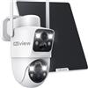 CZEview 4MP Telecamera Wi-Fi Esterno Senza Fili con Doppia Lente, Videocamera Sorveglianza a Batteria, Pannello Solare, 360° PTZ, Visione Notturna A Colori, Audio Bidirezionale, Allarmi Pir, 2.4GHz
