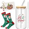 Leonshco Bicchieri Natalizi Vetro con Coperchio e Cannucce, 6 Pezzi Bicchieri Natale Da 500 Ml con Spazzola per La Pulizia, Portachiavi, Biglietto di Auguri, Utilizzabili Come Bicchieri per Succhi