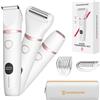 MAXGROOM Rasoio Elettrico Donna, 3-in-1 Impermeabile Depilatore Corpo Donna, Rasoio Parti Intime Kit per Viso, Corpo e Inguine con Lama Ceramica, Ricarica Rapida Type-C, Led Display (Bianco)