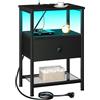 AMHANCIBLE Comodino con Stazione di Ricarica e Luci LED, Tavolino con Cassetti in Tessuto, 2 Prese AC 2 Porte USB, Ripiano Aperto, Comodini per Camera da Letto Soggiorno, Nero HETS01BK-1