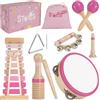 Stoie's Set musicale in legno Pink Sensation, strumenti musicali Montessori per bambini con xilofono, tamburello e maracas, sviluppo educativo e creatività, strumenti musicali per bambini