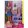 Barbie - Bambola Barbie con Body a Righe Colorate e Gonna di Jeans, Tanti Paia di Scarpe, Borsette e Accessori alla Moda, Giocattolo per Bambini 3+ Anni, FVJ42