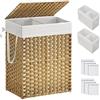 SONGMICS Cesto portabiancheria con coperchio, cesto per biancheria da 90 l, con 2 sacchetti rimovibili e 6 sacchetti in rete, cesto portabiancheria in vimini, doppio cesto portabiancheria per bagno,