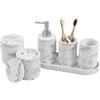 Sapisecret Set da bagno da 6 pezzi | Dispenser di sapone + bicchiere per spazzolini da denti con vassoio e scatola di cotone | Design a strisce | resina di alta qualità | effetto marmo bianco |