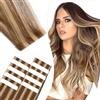 Elailite Extension Biadesivo Capelli Veri Adesive Human Hair Cuciti 10 Ciocche Tape Extensions Biadesive 25g 50cm #4/27 Cioccolato mix Biondo Scuro