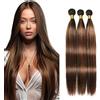 Weeybay Straight Human Hair Bundles Capelli Veri Tessitura Capelli Naturali Umani Donna Human Hair Extensions Double Weft Weave 50g/Piece Highlight Brown P4/30 Color 28 30 32 Inch