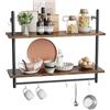 Bestier 80 × 24 × 64 cm, scaffale per tubi sospesi a 2 livelli, industriale da cucina, con tubo rotondo e gancio, mensola da parete in legno per decorazione e conservazione, libreria per soggiorno