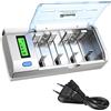 BONAI Caricabatterie Universale per Pile Ricaricabili AA AAA C D Ni-MH e 9V Li-ion - Carica Batterie Rapido con Display LCD e Funzione di Scarica