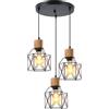 iDEGU 3 Luci Lampadario a Sospensione Vintage E27 Plafoniera Industriale in Legno Metallo Gabbia Lampada da Soffitto Retrò Lampade a Sospensione per Cucina Salotto Cameretta (Nero, Legno, Rotonda)